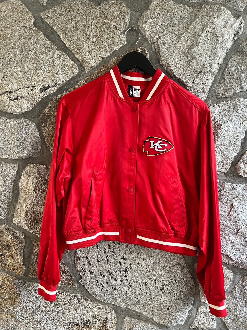 Kansas City Chiefs  Divided Red Satin Varsity Jacket with KC Logo